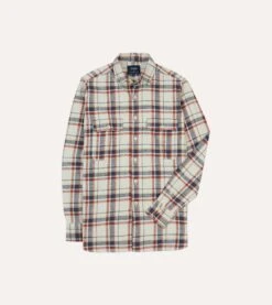 Ecru, Navy And Red Check Slub Cotton Two-Pocket Work Shirt