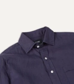 Washed Navy Linen Spread Collar Shirt -Drakes Shop DR2A4E21915 12250 3