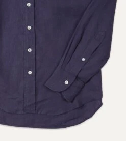 Washed Navy Linen Spread Collar Shirt -Drakes Shop DR2A4E21915 12250 4