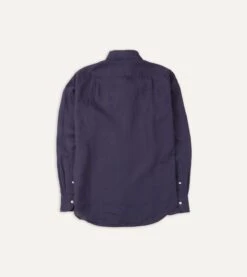 Washed Navy Linen Spread Collar Shirt -Drakes Shop DR2A4E21915 12250 5