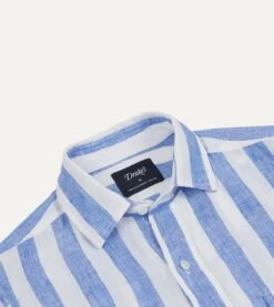 Blue And White Broad Stripe Linen Spread Collar Shirt 11 Blue And White Broad Stripe Linen Spread Collar Shirt -Drakes Shop DR2A4E23063 01 202 3