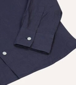Navy Linen Camp Collar Long Sleeve Shirt -Drakes Shop DR2A4F24137 02250 5