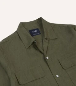 Khaki Linen Camp Collar Long Sleeve Shirt -Drakes Shop DR2A4F24137 03400 3