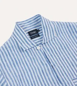 Blue Stripe Linen Two-Pocket Popover Shirt -Drakes Shop DR2A4O24039 02202 3