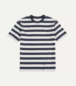 Navy And White Block Stripe Cotton Crew Neck Hiking T-Shirt