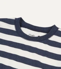 Navy And White Block Stripe Cotton Crew Neck Hiking T-Shirt -Drakes Shop DR2A5A22036 02252 3