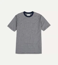 Ecru And Navy Stripe Cotton Crew Neck Hiking T-Shirt
