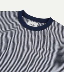 Ecru And Navy Stripe Cotton Crew Neck Hiking T-Shirt -Drakes Shop DR2A5A22387 01252 3