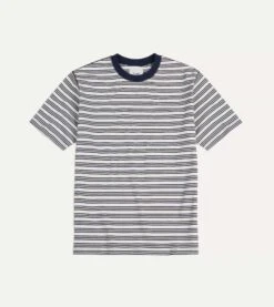Ecru And Navy Triple Stripe Cotton Crew Neck Hiking T-Shirt