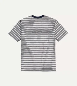 Ecru And Navy Triple Stripe Cotton Crew Neck Hiking T-Shirt -Drakes Shop DR2A5A22388 01252 5