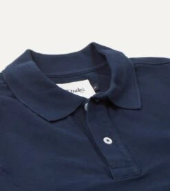 Navy Pique Cotton Long-Sleeve Polo Shirt -Drakes Shop DR2A5D21620 05250 3