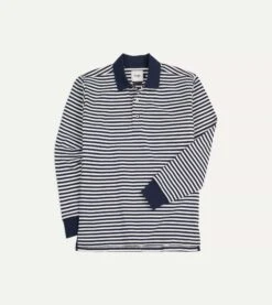 Navy And Ecru Stripe Knitted Jersey Cotton Long-Sleeve Polo Shirt