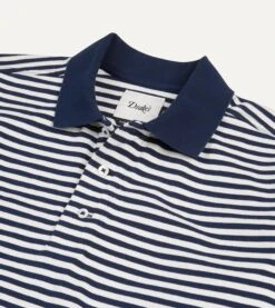 Navy And Ecru Stripe Knitted Jersey Cotton Long-Sleeve Polo Shirt -Drakes Shop DR2A5D23086 01252 3