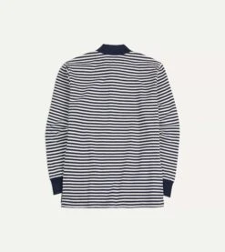 Navy And Ecru Stripe Knitted Jersey Cotton Long-Sleeve Polo Shirt -Drakes Shop DR2A5D23086 01252 5