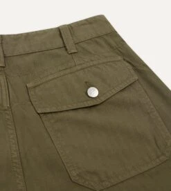 Olive Herringbone Cotton Linen Fatigue Shorts -Drakes Shop DR2A6F 24049 01 400 4