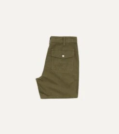 Olive Herringbone Cotton Linen Fatigue Shorts -Drakes Shop DR2A6F 24049 01 400 5