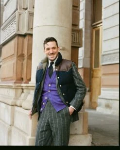 Rocky Mountain Featherbed For Drake's Navy Harris Tweed Leather Christy Down Vest -Drakes Shop NavyRMVest